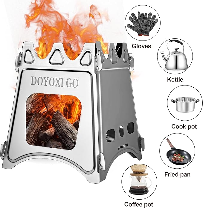 Portable Camping Wood Stove - DOYOXIGO Folding Wood Burning Stove Stainless Steel Camp Stove, Lightweight Backpacking Stove for Outdoor Hiking Camping Traveling Picnic BBQ