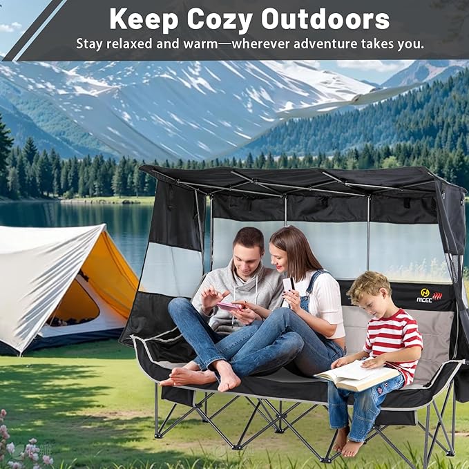 Nice C Heated 3 Person Camping Chair with Canopy, Heated Double Camping Chairs with Battery, Portable Oversized Padded Sports Umbrella Chair with Shade, Cup Holder, Cooler Bag, for Lawn Outdoors