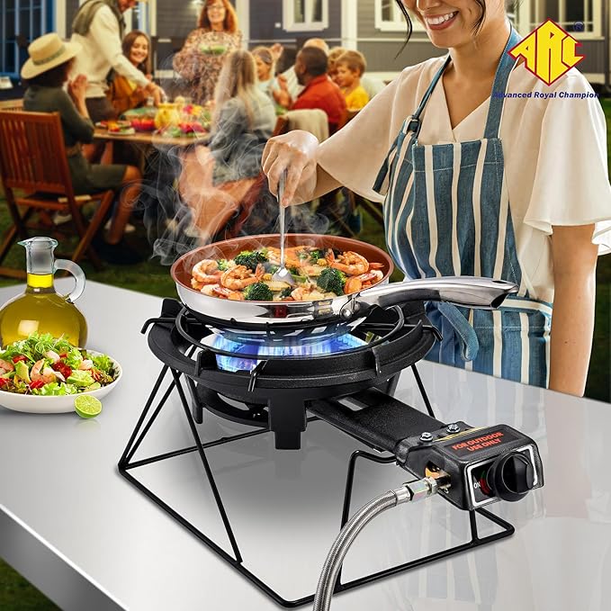 ARC Outdoor Propane Burner Stove, 13" Single Cast Iron Portable With Sturdy Stand, Adjustable Regulator, Stainless Steel Hose - Perfect for Outdoor Wok