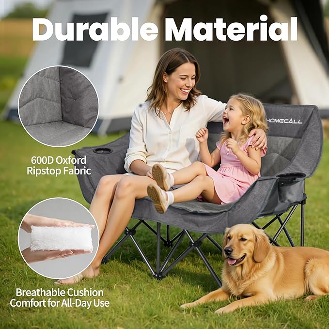 Double Camping Chair for Adults - Heavy Duty Folding Loveseat Support 700 lbs, 2 Person Padded Camping Couch Portable with Cup Holders & Storage Bag for Camping, Lawn, Sports, Grey