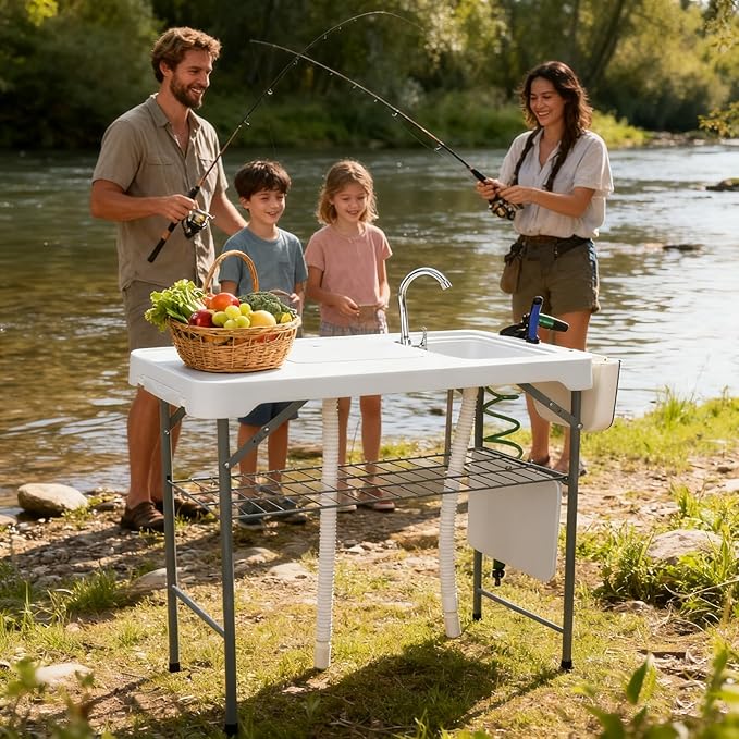 Fish Cleaning Table with 2 Sinks & Grid Rack - 42.5” Outdoor Fish Fillet Cleaning Station for Camping, Patio, Kitchen, RV & Beach