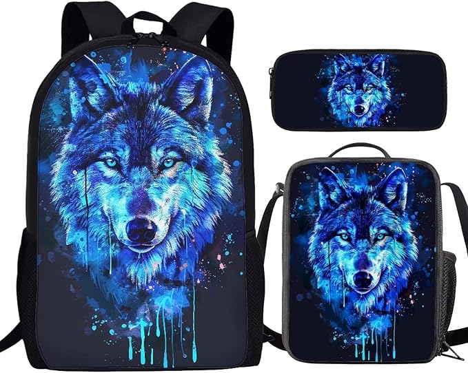 3PCS Blue Wolf Print Kids School Bag Set, Waterproof Daypack Knapsack Insulated Lunch Tote Bag Pen Case Organizer for Hiking