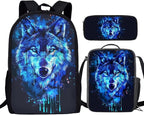 3PCS Blue Wolf Print Kids School Bag Set, Waterproof Daypack Knapsack Insulated Lunch Tote Bag Pen Case Organizer for Hiking