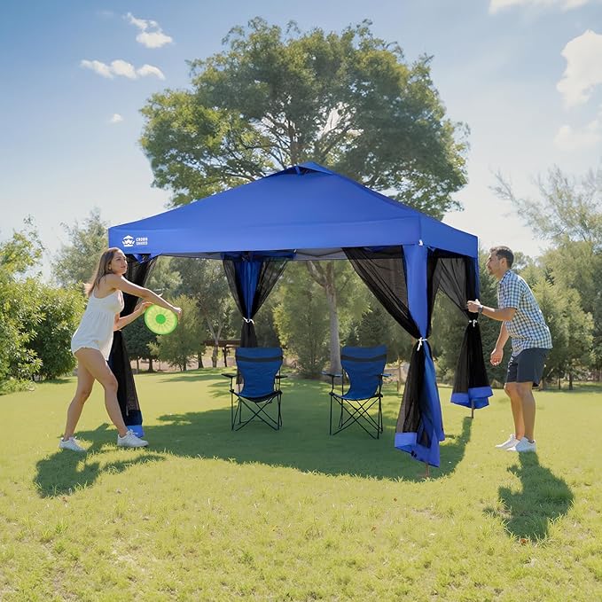 CROWN SHADES Gazebo 10x10 Pop Up Canopy with Mosquito Netting, Screen Tent with 4 Ropes, 8 Stakes, 4 Sandbags and Wheeled Storage Bag, Canopy for Patio & Backyard Parties,Camping&Events -(Blue)