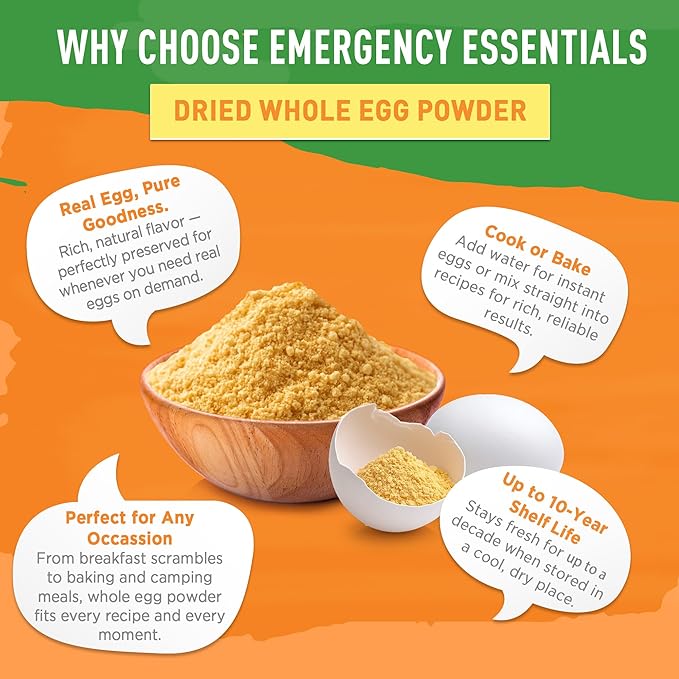 Emergency Essentials, Dried Whole Egg Powder, Emergency Food Supply, High-Protein Survival Food, 33-oz. Large Can, 10-Year Shelf Life
