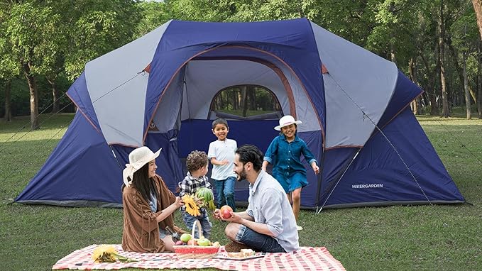 HIKERGARDEN 10 Person Camping Tent - Portable Easy Set Up Family Tent for Camp, Windproof Fabric Dome Tent Outdoor for Hiking, Backpacking, Traveling-14'x11'x74in(H)
