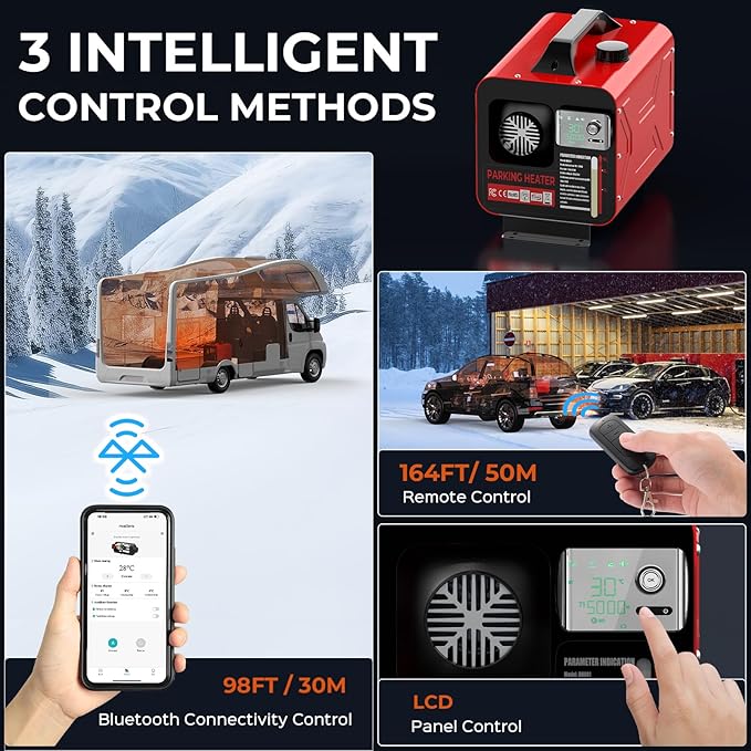 Diesel Heater all in one 12V/24V/110V 8KW portable car heater with App Control, Remote Control and Display Screen, 3 Ways Control Fast Heating Low Noise Diesel Parking Heater for Tent, Car, RV, Camper