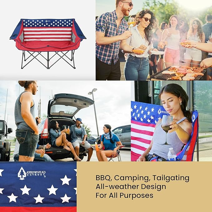 ARROWHEAD OUTDOOR Portable Folding Double Duo Camping Chair Loveseat w/ 2 Cup & Wine Glass Holder, Carrying Bag, Supports up to 500lbs