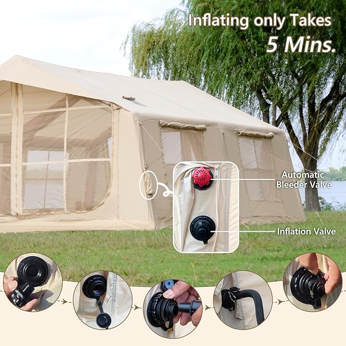 Oxford Inflatable Tent for Camping with Hand Pump, 4 Season Glamping Tents with Stove Jack for 8-12 Person, Waterproof Outdoor Party Camping Festival