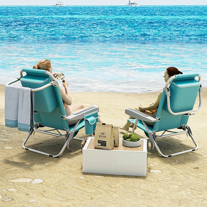 Tangkula Set of 4 Backpack Beach Chair, 5-Position Lightweight Folding Lay Flat Beach Chairs with Storage Bag, 2 Cup Holders, Towel Bar, Backpack Straps