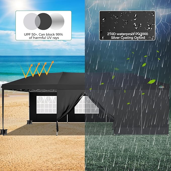 COBIZI 10x30 Canopy Party Tent with 8 Walls 10x30 Pop Up Canopy for Parties Waterproof UPF 50+ Outdoor Commercial Event Tent for Party Backyard Gazebo Canopy with Sidewalls & Sandbags(Black,10x30ft