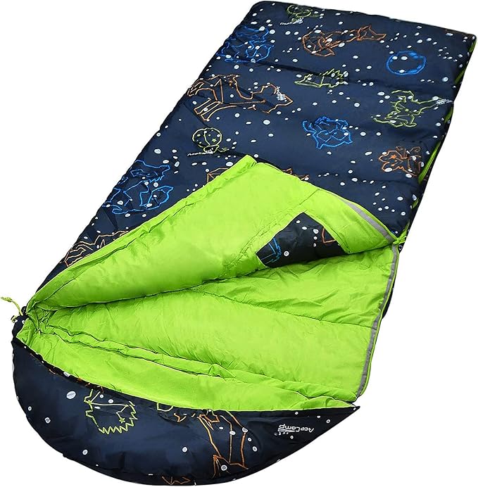 AceCamp Kids Sleeping Bag, Glow-in-The-Dark Sleeping Bag for Kids and Youth, Portable Water-Resistant Kids Sleeping Bag, Temp Rating 30F/ -1℃, for Camping, Hiking, Slumber Party