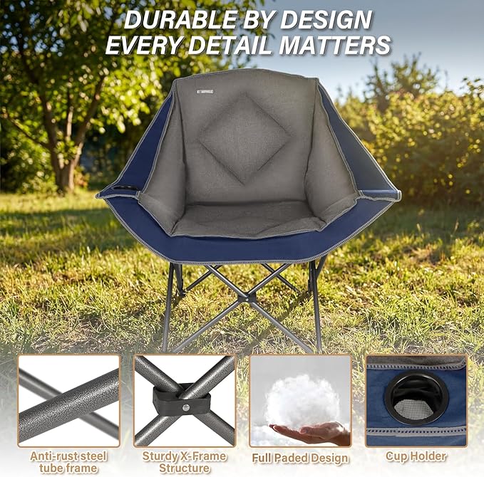 CAMPHILL Folding Camping Chair,Oversized Portable Camping Chair with Cup Holder,Heavy Duty Padded Lawn Chair for Camping, Tailgates, Beach, and Sports