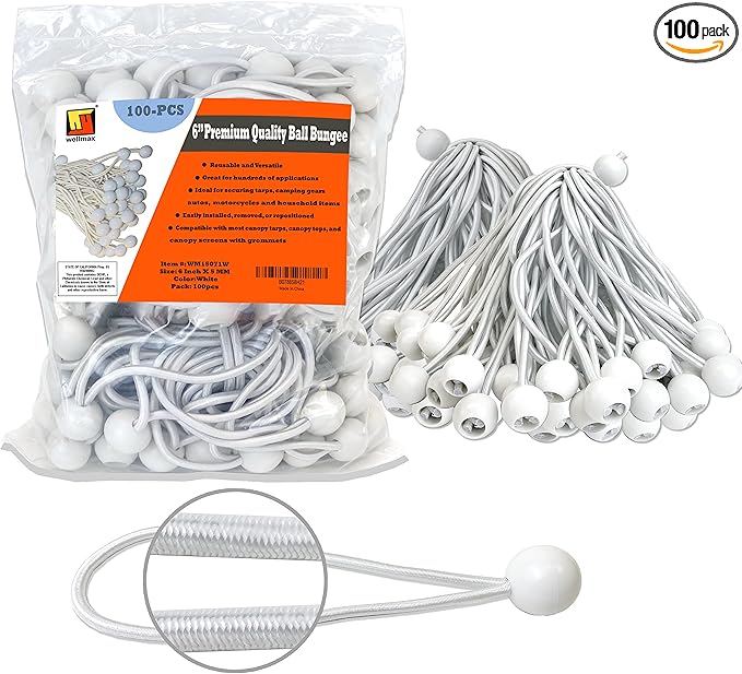 6 inch 100 Piece Heavy Duty 5mm Ball Bungee Canopy Cord by Wellmax, White Color
