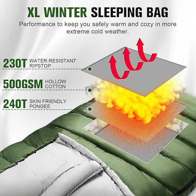0 Degree Sleeping Bag for Adults, XXL Big and Tall 4 Season Cold Weather Winter Camping with Compression Sack