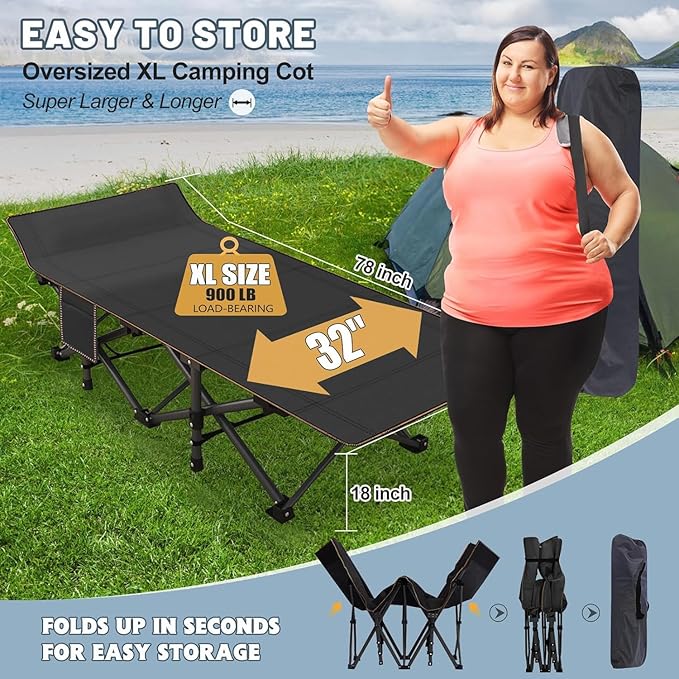 Slsy Oversized Camping Cot with 2" Memory Foam Mattress, Upgraded Padded Folding Cot Bed with Carry Bag, Portable Sleeping Cot for Camping, Travel, Beach & Hiking