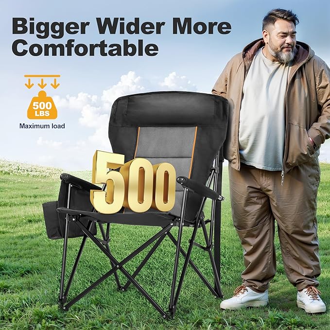 LET'S CAMP Oversized Camping Chairs 29.52" High Back Heavy Duty Lawn Chair Support 500LBS, Portable Collapsible Chair with Cup Holder, Side Pocket,2 Pack(Black)