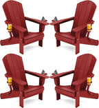 SERWALL Adirondack Chair with Cup Holders - Composite Adirondack Chairs Set of 4 HDPE Outdoor Chairs All Weather Use- Dark Red