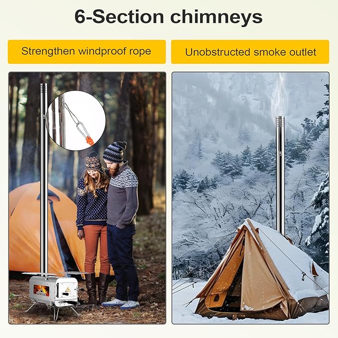 Tent Stove, 7.3ft height Portable Wood Burning Stove, Small Stainless Steel Hot Tent Stove with 6 Chimney Pipes for Outdoor Heating, Cooking, Hunting & Ice Fishing