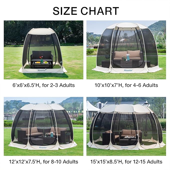 Alvantor Pop Up Screen House Gazebo with Mosquito Netting, Instant UV Resistant Sun Shelter for Patio & Backyard, Portable Canopy Tent for 2-10 Person
