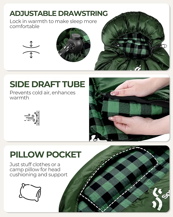 Sportneer Sleeping Bags for Adults, 0 Degree Sleeping Bag XL Flannel Winter Cold Weather Sleeping Bag with Detachable Hood Compression Sack for Camping, Backpacking, Hiking