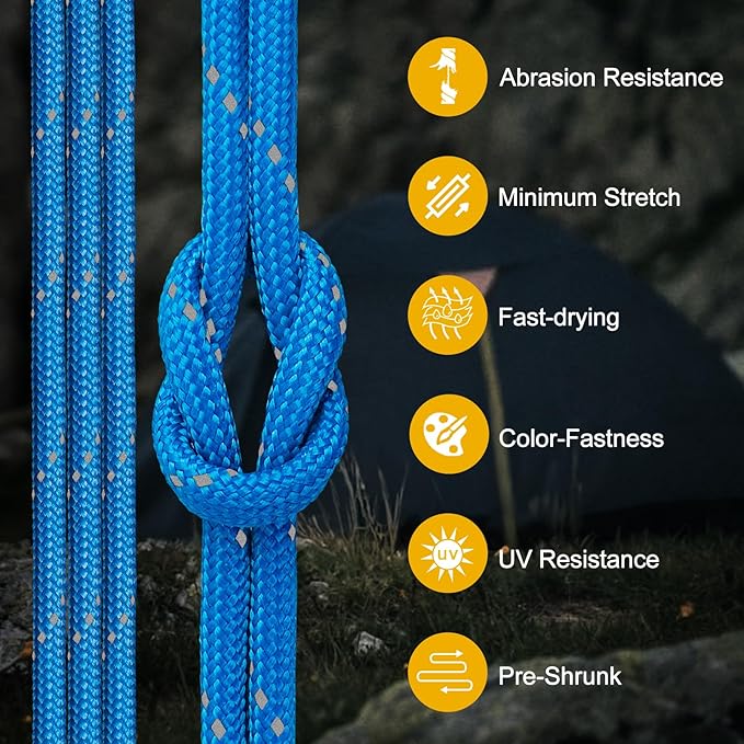 Reflective Paracord Rope 850Ib, 50/100/200/500/1000ft 4MM 11 Strand Strong Parachute Cord, Heavy Duty Paracord Rope for Tent Camping, Hiking, DIY Crafts Survival Bracelet, Blue 1000FT