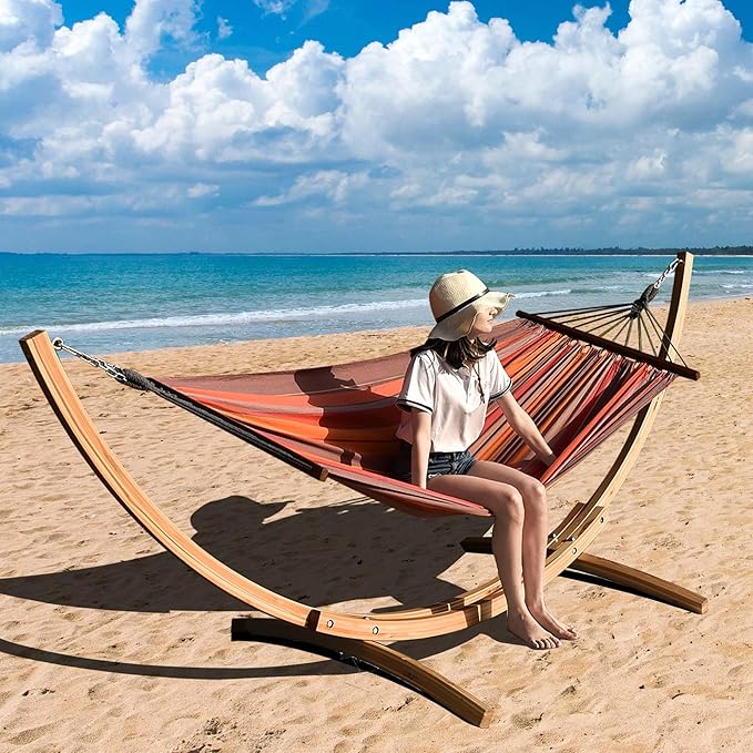 Lazy Daze Hammocks 10.5 FT Outdoor Arc Wood Hammock Stand, 2 Person Hard Pine Wood Hammock Stand with Carabiners and Chains for Patio Indoor Outdoor Garden Poolside, 300lb Capacity, Natural