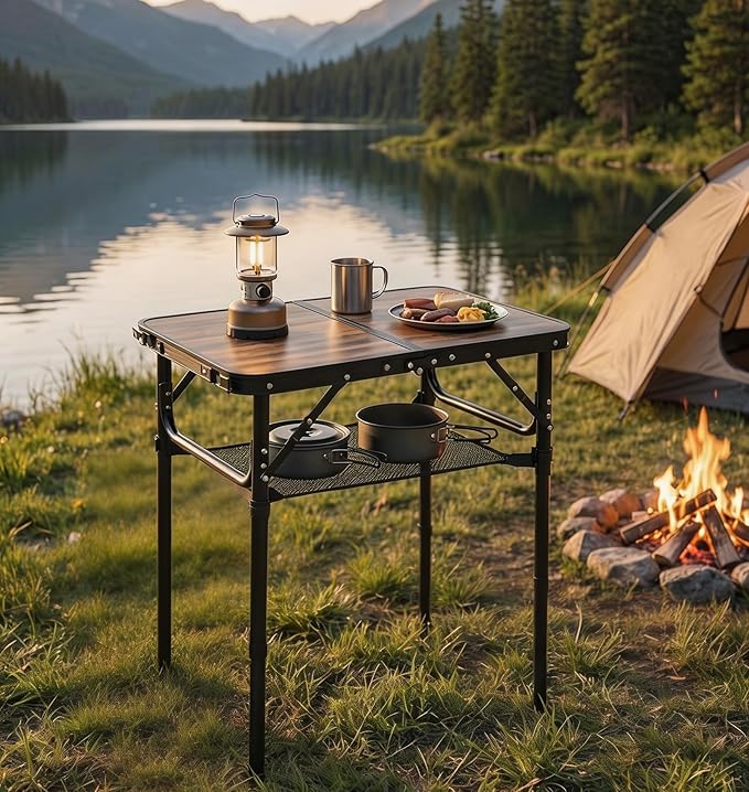 Mini Folding Camping Table - 2ft Lightweight Adjustable Height with Carry Handle, Anti-Stain Desktop for Outdoor Glamping/Picnic/Patio & Indoor Decor (24" L×16" W)