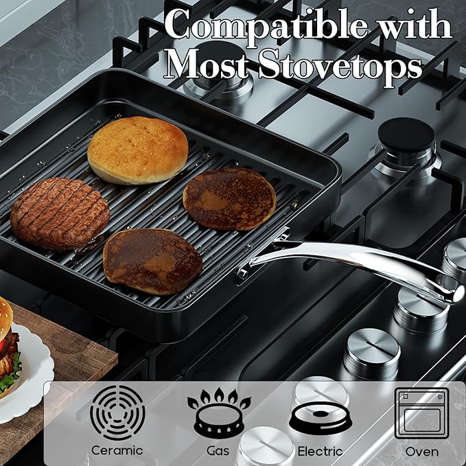 Cooks Standard Nonstick Square Grill Pan 11 x 11-Inch, Hard Anodized Grilling Skillet Pan Cookware for Camping, Home Use