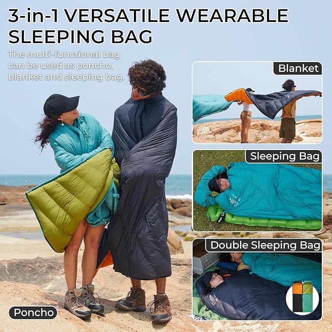 ATEPA Down Sleeping Bag for Adults, 650FP Recycled 30°F 35°F 40°F 45°F 3 Season Wearable Ultralight Packable Compact Sleeping Bags with Compression Sack for Backpacking Camping Hiking