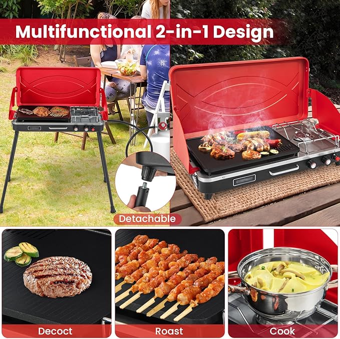 HAPPYGRILL Portable Camping Stove, 2-Burner Propane Grill Cooker with Removable Leg Stand, Roast Grill, Dual Control Knobs, Wind Guards, Outdoor Gas Grill for Camping BBQ Picnic, Red
