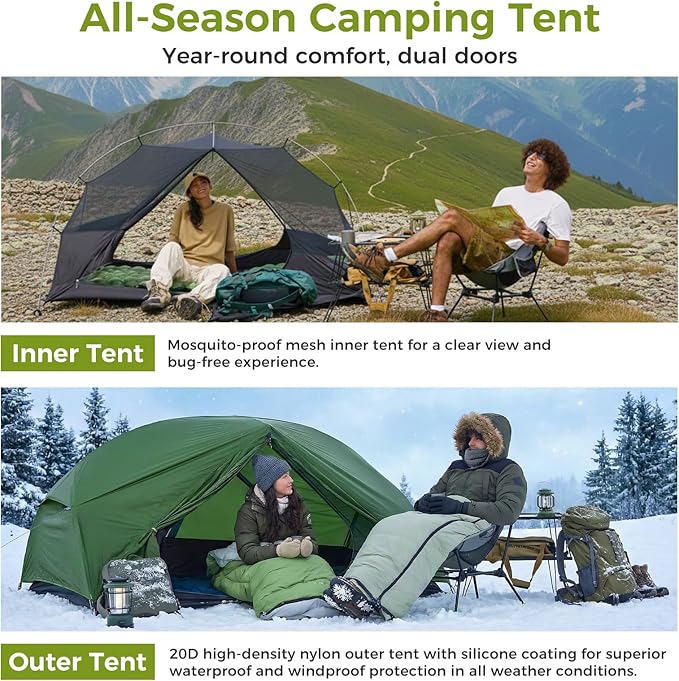 ATEPA Voyage 1-2 Person Backpacking Tent, 4 Season Ultralight Camping Tent, 4000mm Waterproof Double Layer Cold Wearther Easy Set Up Tent for Family Camp Hiking Hunting Outdoor Mountaineering Travel