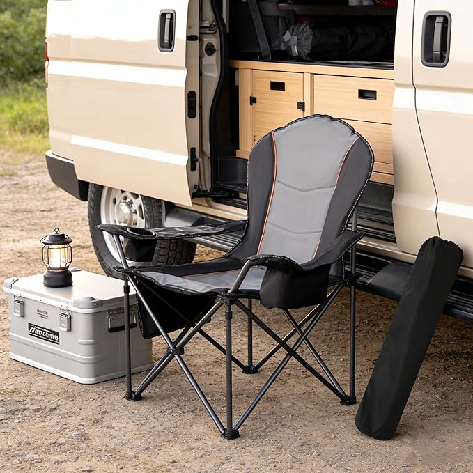 Folding Camping Chairs for Adults - High Back Padded Outdoor Lawn Chairs with Lumbar Support & Cup Holder (Black & Gray, 1 Pack)