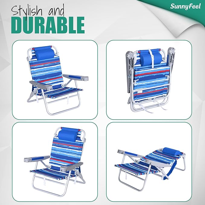 SUNNYFEEL Extra Wide Low Beach Chair 5 Position Lay Flat 500 LBS Heavy Duty, XL Oversized Portable Folding Camping Chairs with Cup Holder for Outdoor/Trip, Lightweight Backpack Beach Chair for Adults