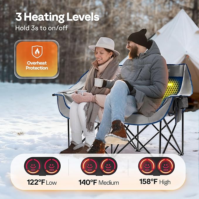 VIVOHOME 45W Padded Heating Double Camping Chair with 2 x 27000mAh Power Bank, Heated Oversized Portable Loveseat for Outdoor Sports, 3 Levels of Heat, Overheat Protection System, Navy Blue and Gray