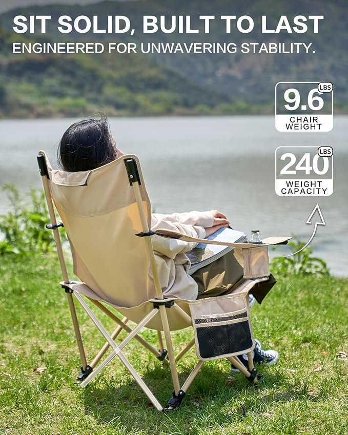 MOBI GARDEN Reclining Camping Chair with Foot Rest, 4-Position Adjustable Folding Lounge Chair for Adults, Portable & Detachable Footrest – Sand - Solid Back