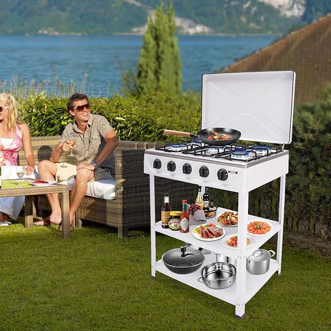 5 Burner Gas Stove Portable Natural Gas Camping Grill Stove Floor Standing Cooktop Cooker with Storage Stand and Wind Blocking Cover Manual Ignition for Outdoor RV (White)
