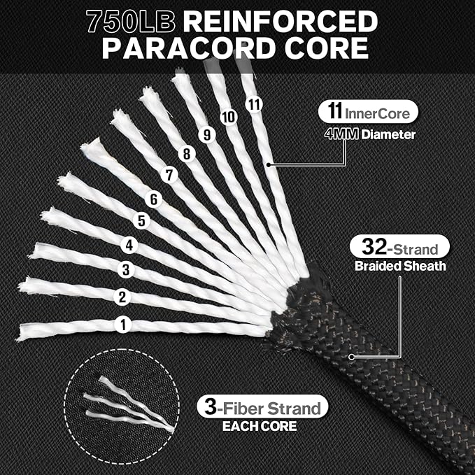 Paracord Rope 750 - Parachute para Cord 4mm 11 Strand Spool Rope Utility Nylon String for Outdoor Camping Survival Utility Tent Crafting DIY Projects - Black 200ft