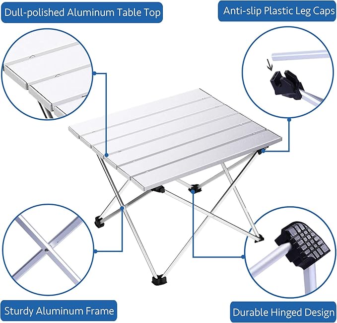 Grope Small Folding Camping Table with Aluminum Table Top, Beach Table for Sand with Carrying Bag,Prefect for Outdoor, Picnic, BBQ, Cooking, Festival (Silver-S)