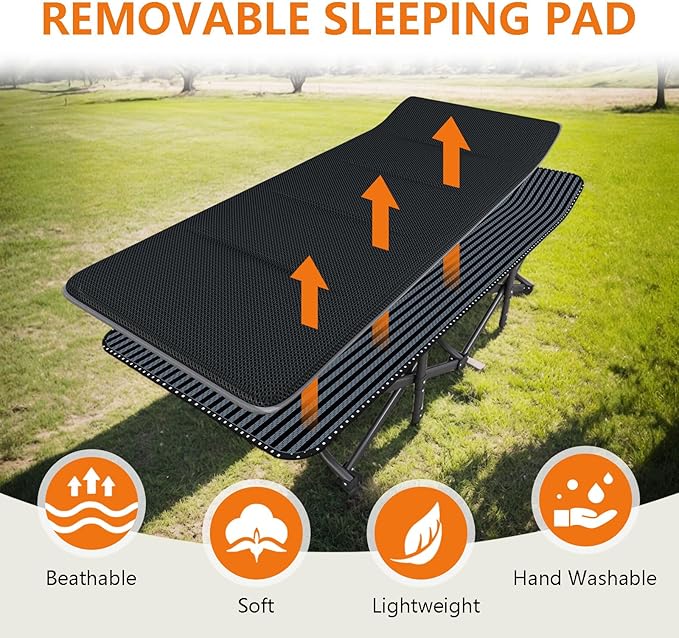 ATORPOK Oversized Camping Cot for Adults with Cushion Comfortable, Extra Wide 31.5'' Folding Bed for Sleeping, Lightweight Folding Bed with Carry Bag Supports 500 lbs