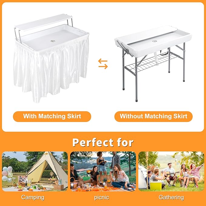 Allpop 2 Tiers Folding Ice Cooler Table with Matching Skirt, Portable Party Table with Grid Rack & Drain Hose for Patio Picnic Camping Wedding, White