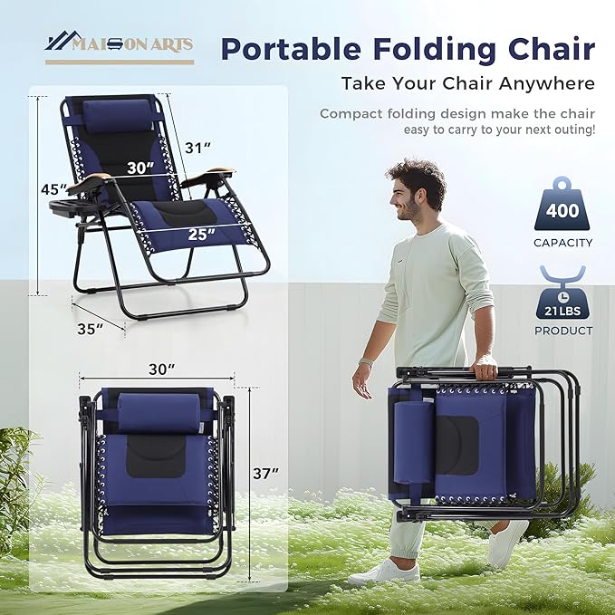MAISON ARTS Oversized XXL Padded Zero Gravity Chair, 30" Wide Seat Foldable Patio Recliner, Anti Gravity Outdoor Lawn Chair with Cup Holder & Pillow, Supports 400lbs, Blue