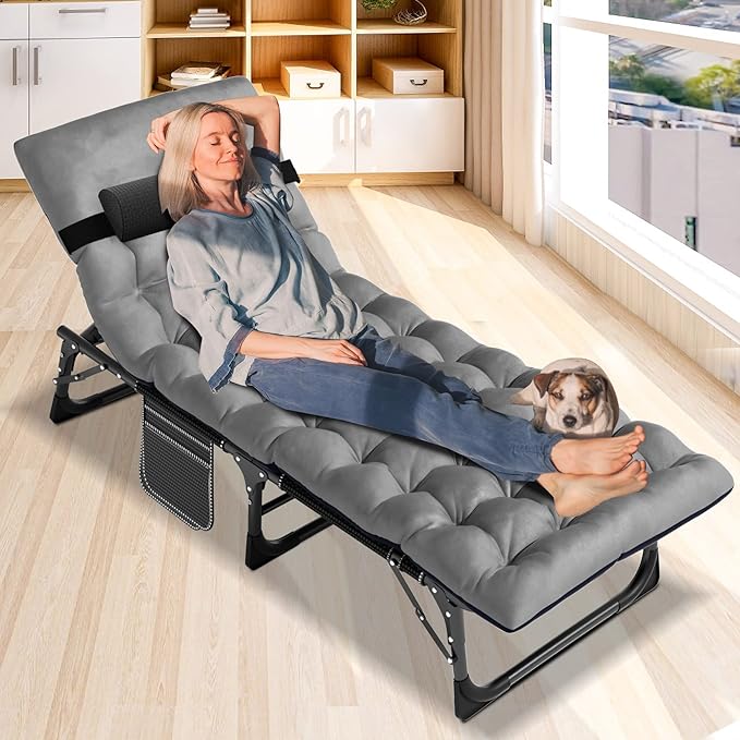 LILYPELLE Lounge Chair with Mattress, Heavy Duty Outside Lounge Chair Outdoor Portable Folding Lounge Chairs Sleeping Cots Bed for Camping, Pool, Beach, Patio