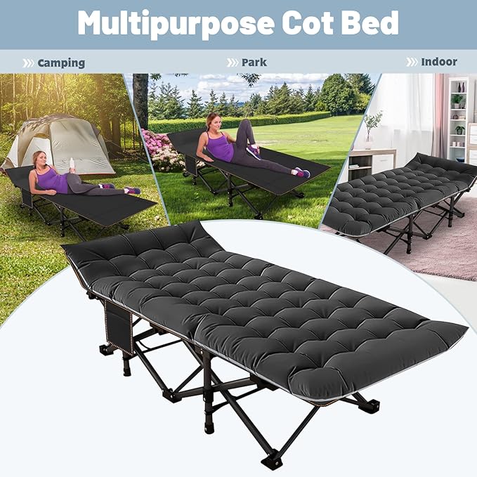 Slsy Oversized XXL Folding Camping Cot for Adults with Pad, Padded Portable Sleeping Cots, Camp Bed with Carry Bag for Outdoor Travel, Beach, Hiking