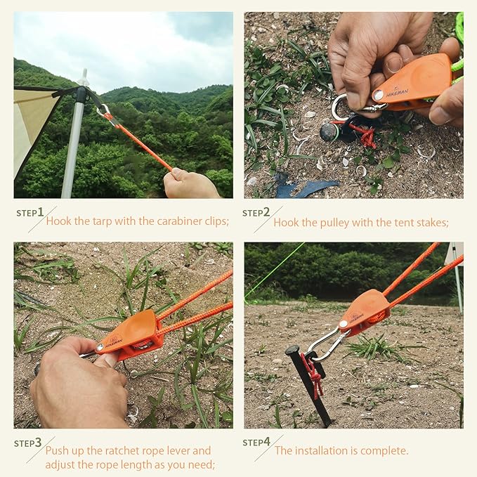 Hikeman Camping Rope with Ratchet Pulley,Quick Setup Outdoor Guy Lines Adjustable Tent Tie Downs Rope Hanger for Canopy,Kayak and Canoe,Grow Light (Fluorescent Green)