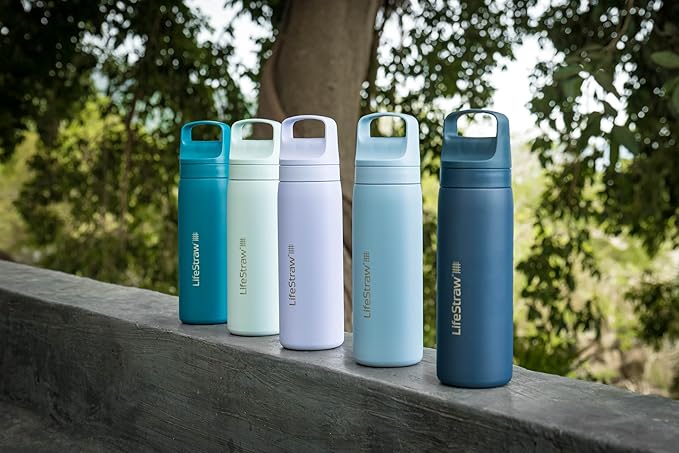 LifeStraw Go Series – Insulated Stainless Steel Water Filter Bottle for Travel and Everyday Use, Removes Bacteria, Parasites and Microplastics, Improves Taste, 18oz Aegean Sea