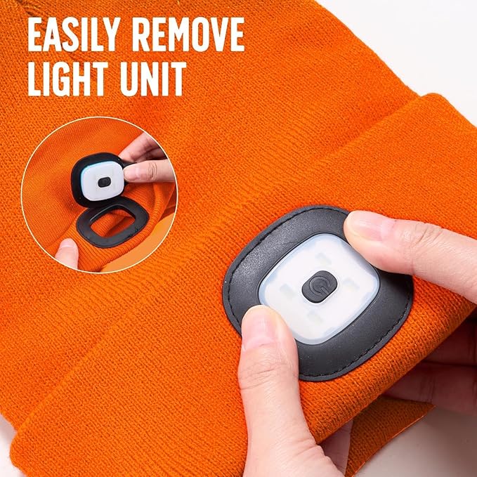 Unisex Beanie Hat with Light, Rechargeable Headlight Cap, Valentines Day Gifts for Him, Cool Gadget Gifts for Him, Birthday Gifts for Women, Gifts for Men, Orange