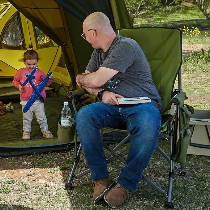 Timber Ridge 500lbs Oversized Folding Camping Chair, Heavy Duty Lawn Chair for Adults, Portable Collapsible High Back Chair with Cup Holder, Side Pocket Cooler Bag, for Outdoor, Sports, Green