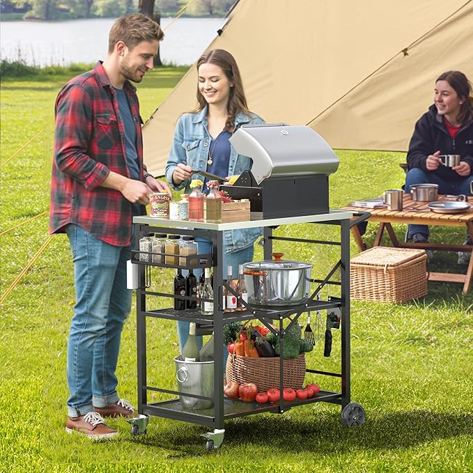 Ciokea Folding Outdoor Grill Cart with Wheels, 3-Shelf Grill Table with 27x18 in Stainless Steel Top, Rolling Pizza Oven Stand, Metal Portable Cart for BBQ Patio Camping (Black)