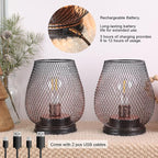 DECORKEY Set of 2 Rechargeable Lamp LED Table Lantern, Brown Metal Cage Cordless Lamps with LED Bulb，Vintage Decorative Outdoor Lantern for Weddings, Parties, Patio, Events for Indoors Shelf Decor